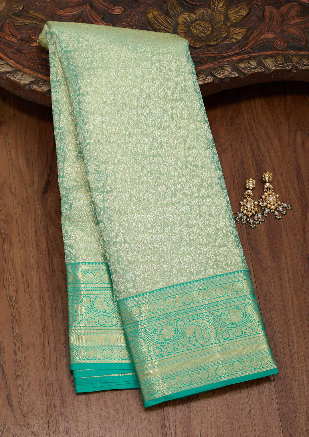 Rama Green Tissue Jaal Saree With Matching Blouse Piece