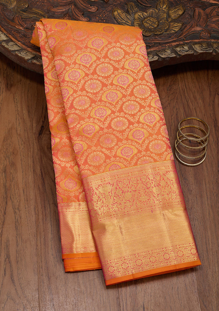 Orange Silk Jaal Saree With Matching Blouse Piece