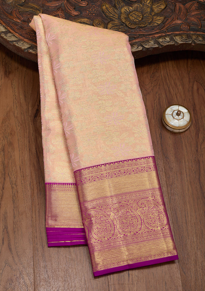Peach Silk Jaal Zariwork Saree With Matching Blouse Piece