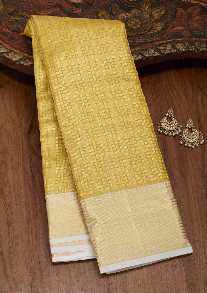 Lemon Yellow Silk Jaal Zariwork Saree With Matching Blouse Piece