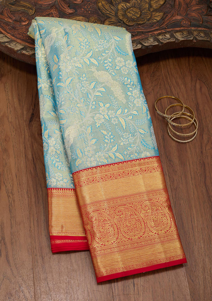 Peacock Blue Zariwork Tissue Silk Saree