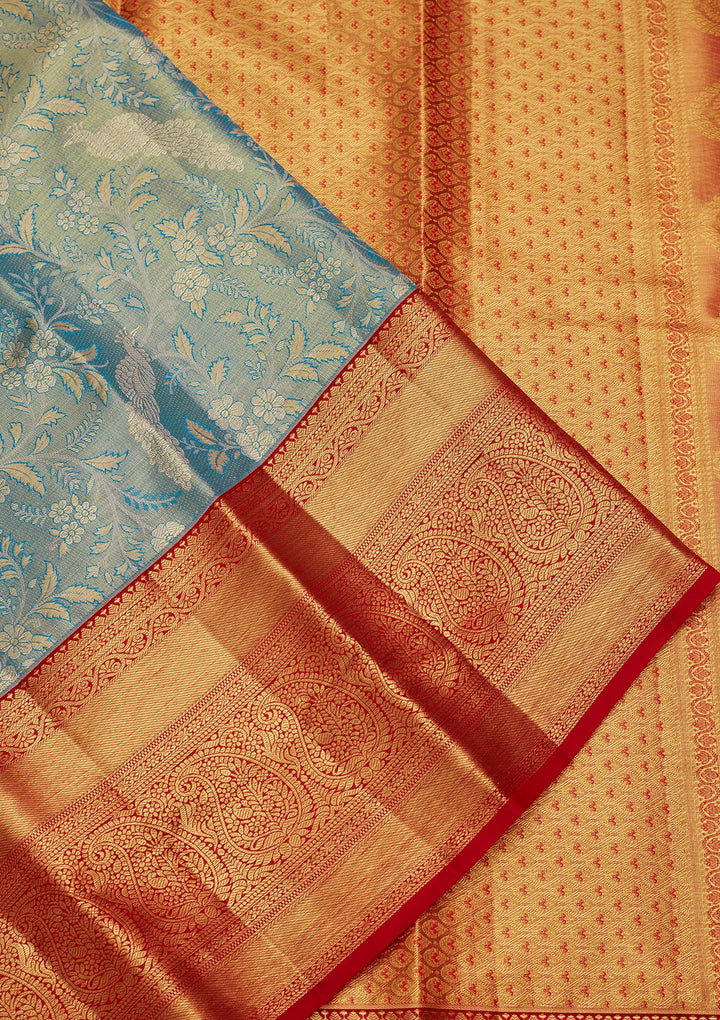 Peacock Blue Zariwork Tissue Silk Saree