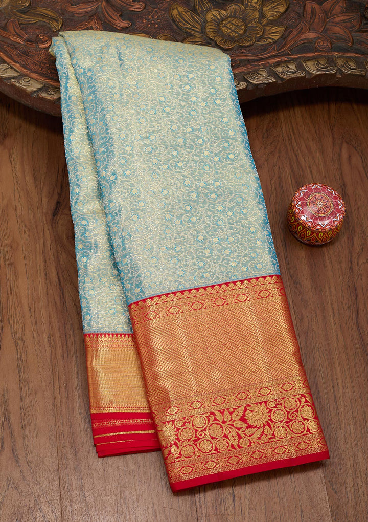 Peacock Blue Silk Jaal Zariwork Saree With Matching Blouse Piece
