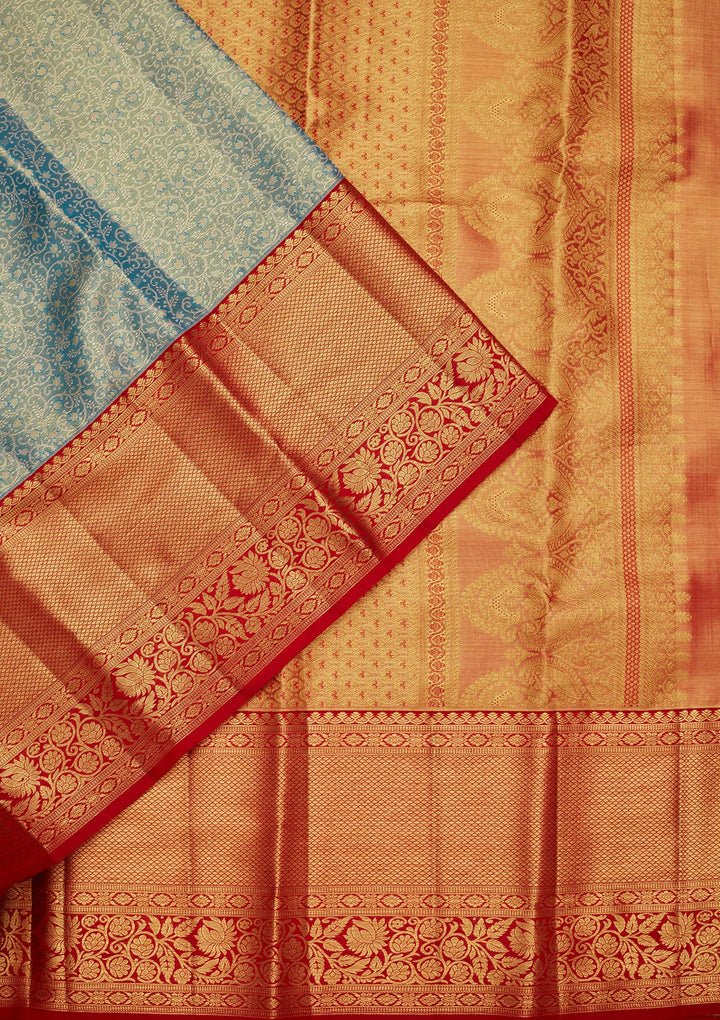 Peacock Blue Silk Jaal Zariwork Saree With Matching Blouse Piece