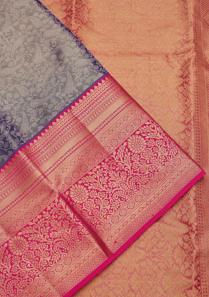 Dark Grey Silk Jaal Saree With Matching Blouse Piece