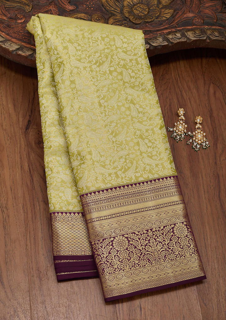 Mehendi Green Silk Jaal Saree With Matching Blouse Piece