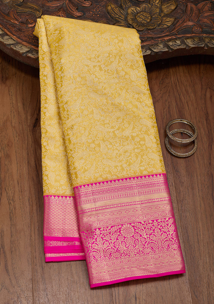 Mustard Yellow Silk Jaal Saree With Matching Blouse Piece