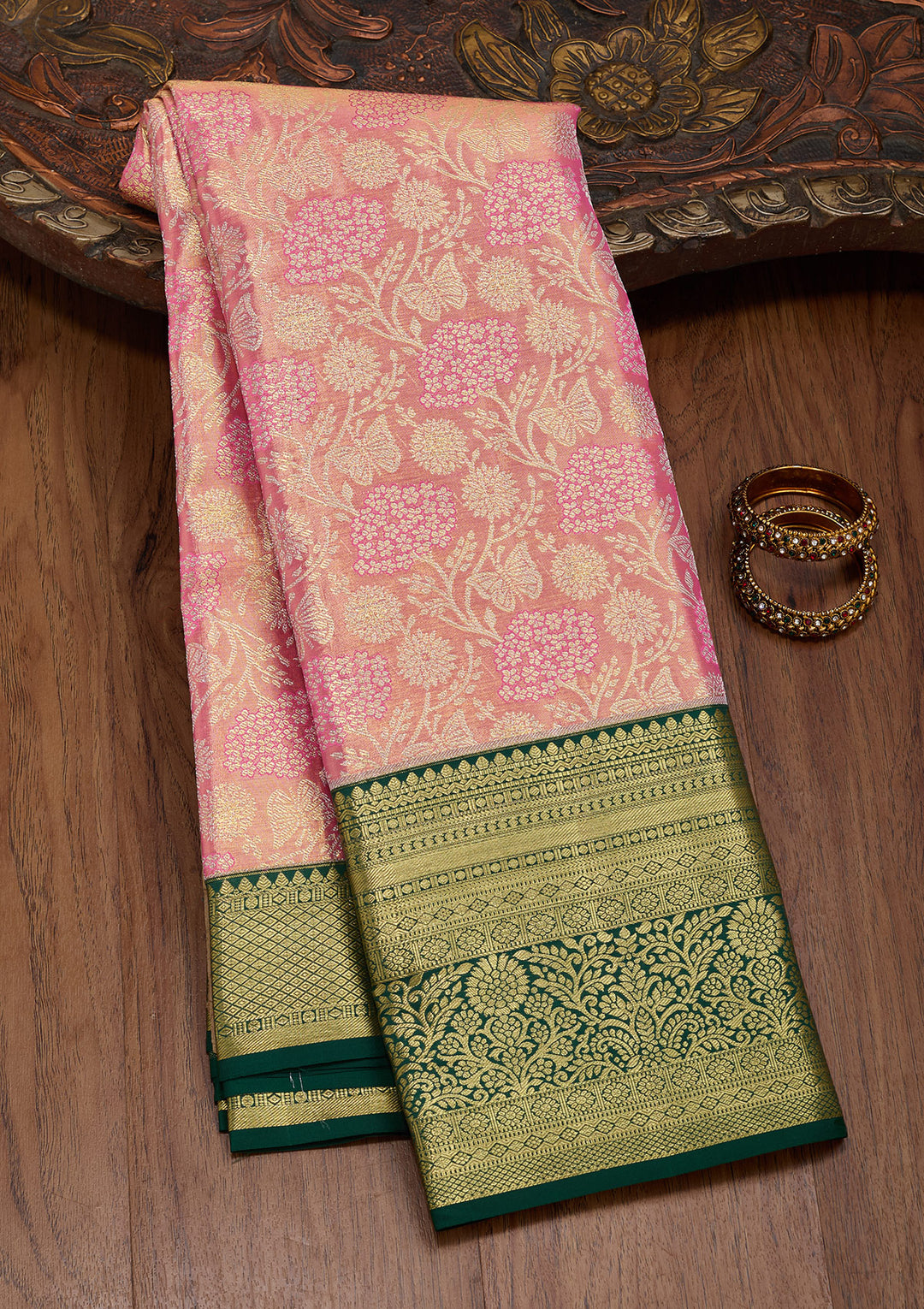 Mehendi Green Silk Jaal Saree With Matching Blouse Piece