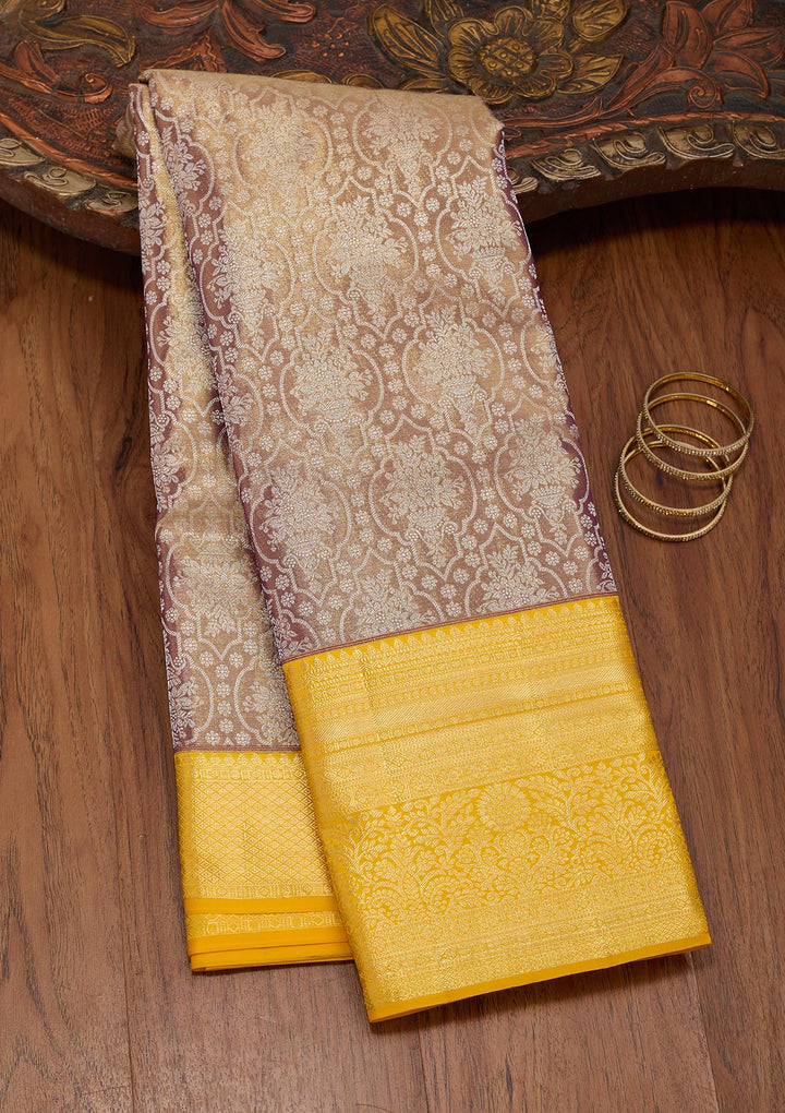 Brown Silk Jaal Zariwork Saree With Matching Blouse Piece