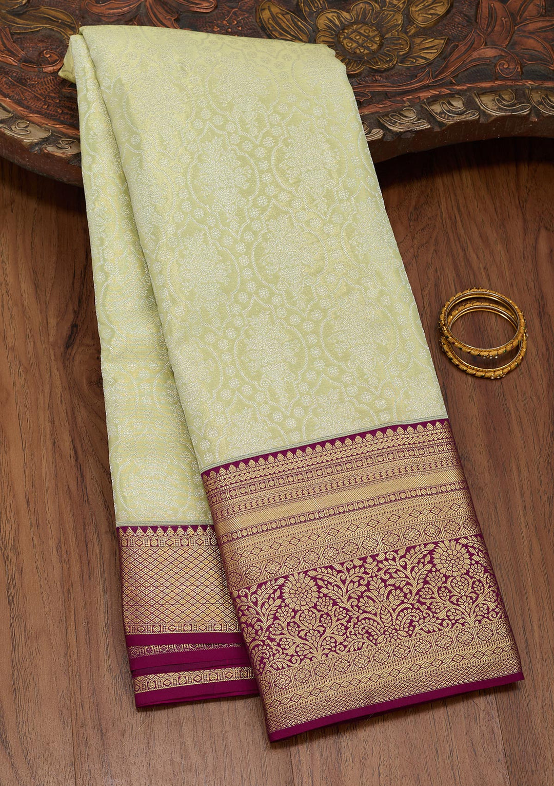 Pista Green Silk Jaal Saree With Matching Blouse Piece