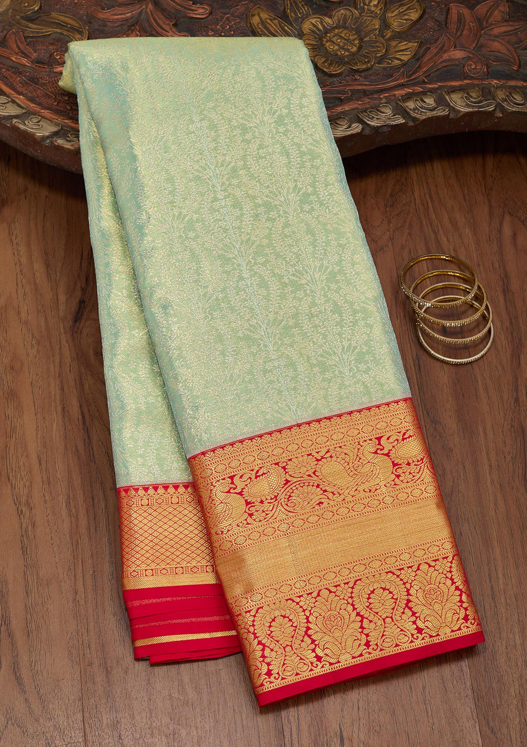 Sea Green Silk Jaal Saree With Matching Blouse Piece
