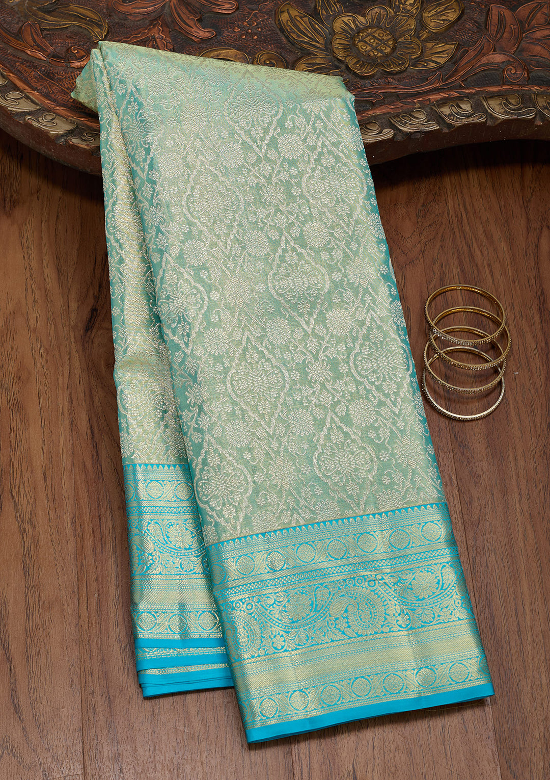 Sea Green Tissue Jaal Saree With Matching Blouse Piece