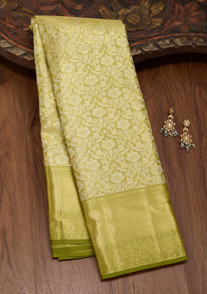 Parrot Green Silk Jaal Saree With Matching Blouse Piece