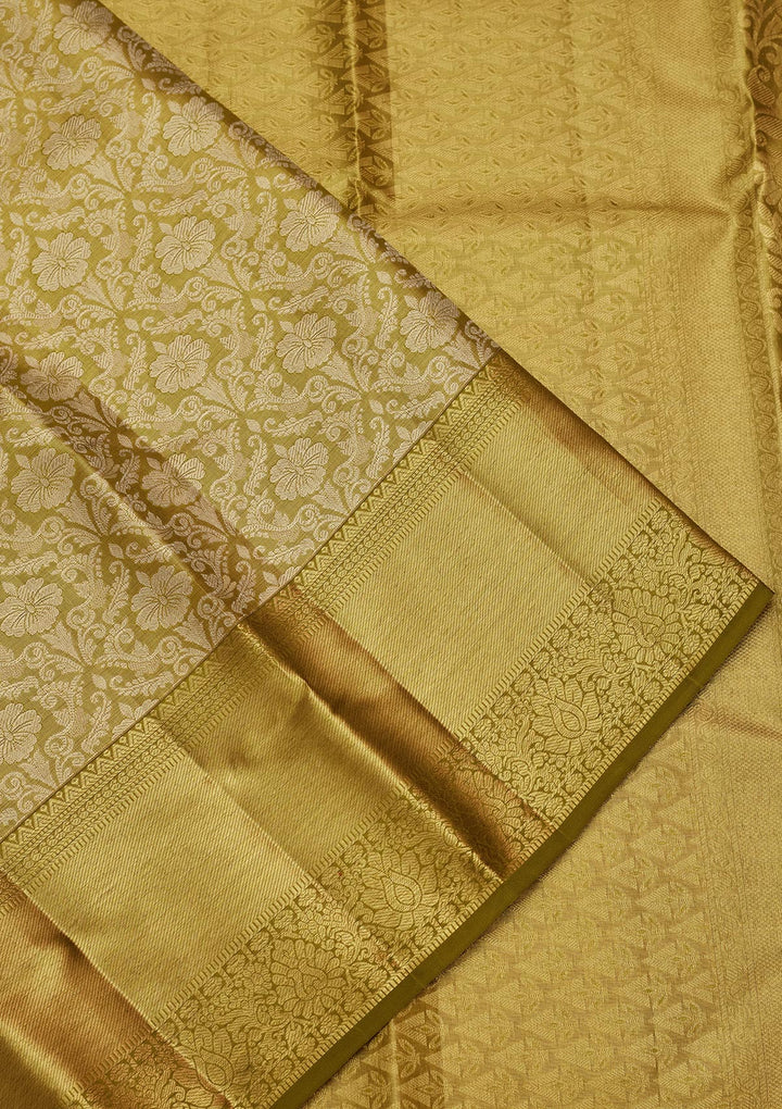 Parrot Green Silk Jaal Saree With Matching Blouse Piece
