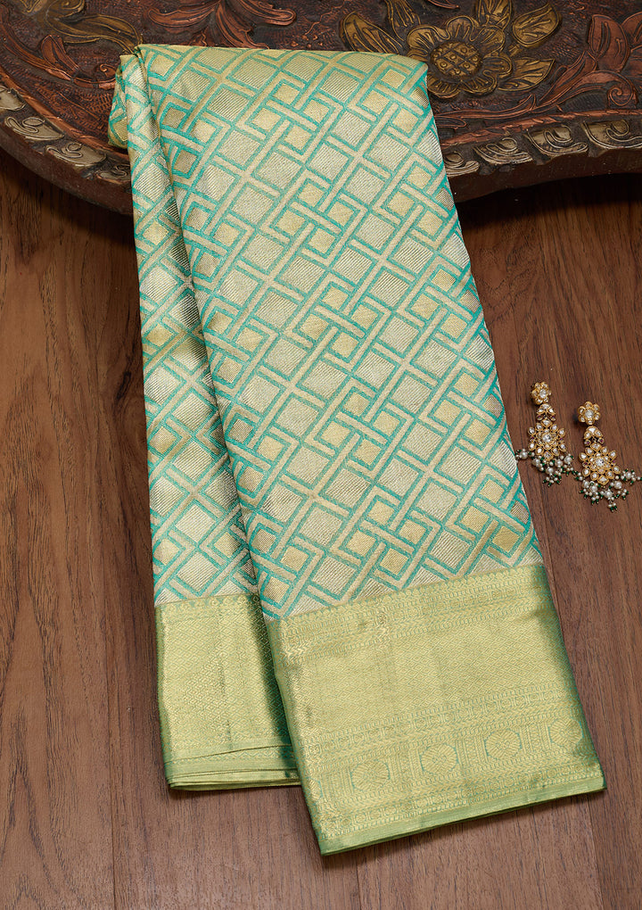 Rama Green Silk Jaal Zariwork Saree With Matching Blouse Piece