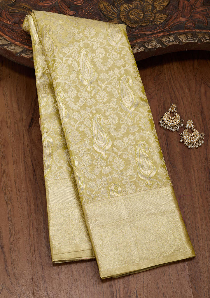 Pista Green Silk Jaal Zariwork Saree With Matching Blouse Piece