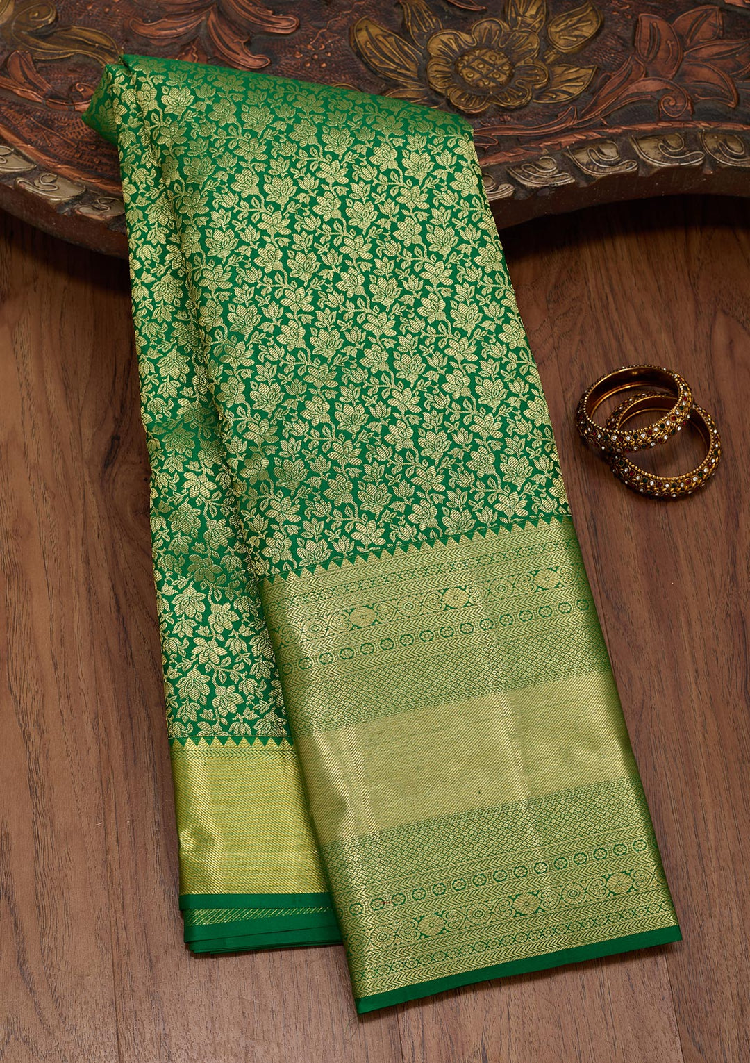 Rama Green Silk Jaal Zariwork Saree With Matching Blouse Piece