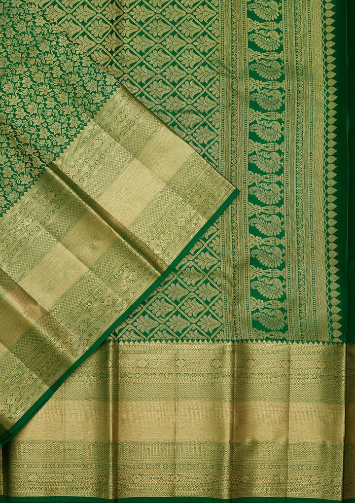 Rama Green Silk Jaal Zariwork Saree With Matching Blouse Piece