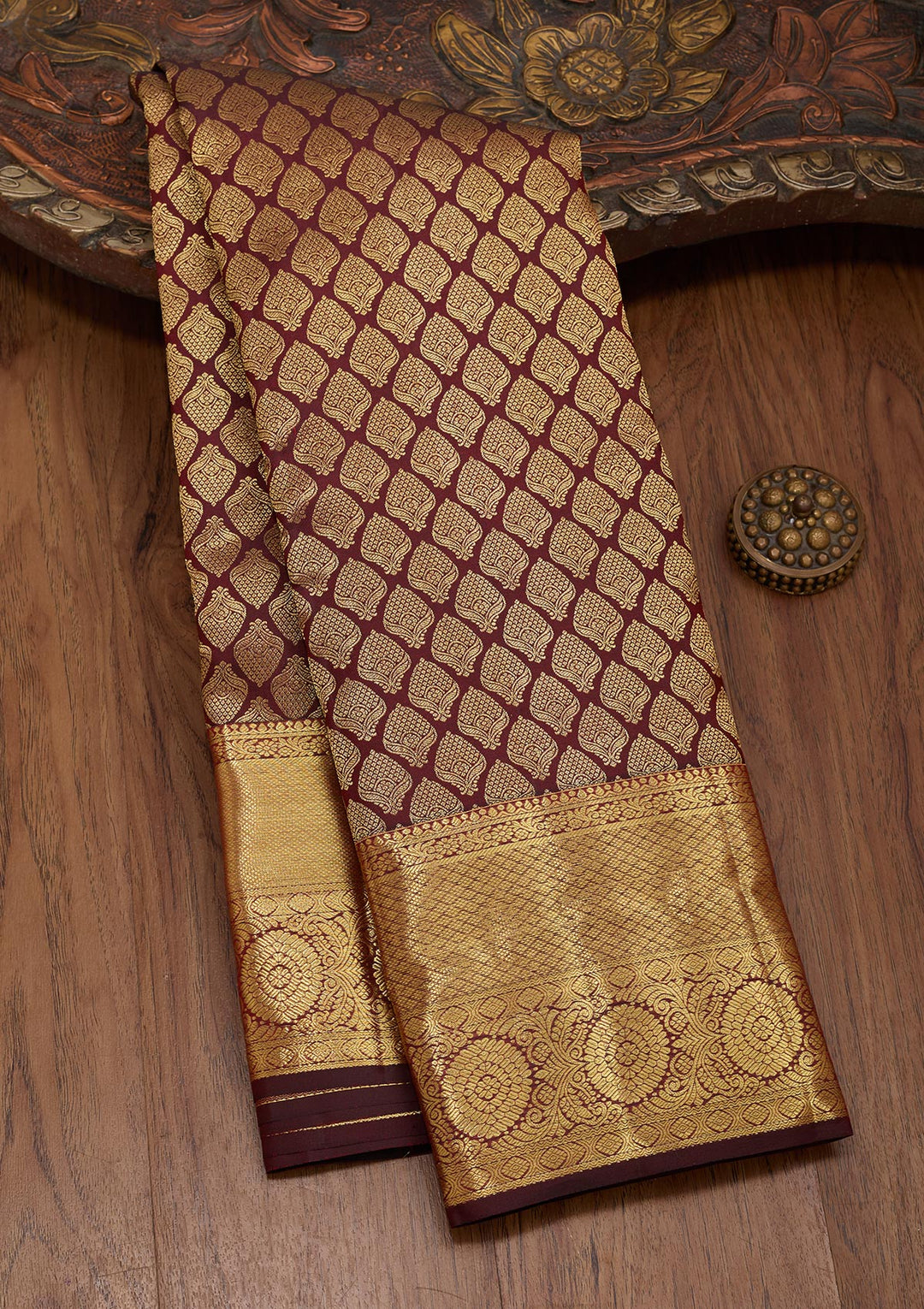 Brown Silk Jaal Saree With Matching Blouse Piece