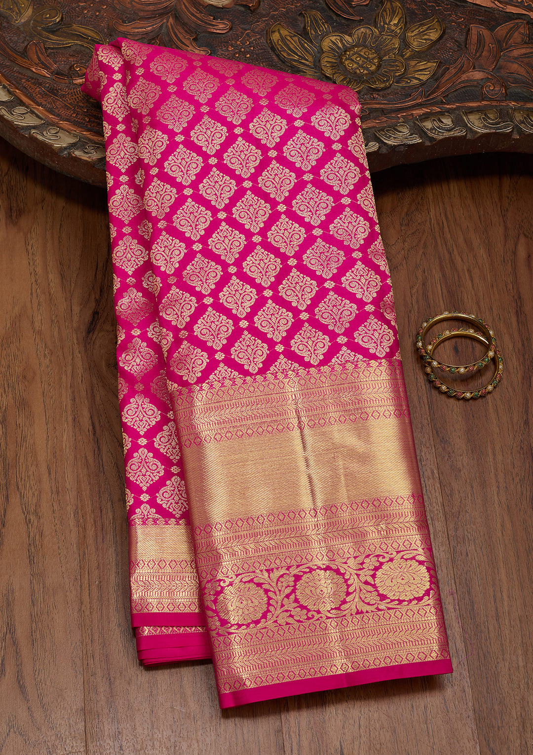 Magenta Pink Silk Jaal Saree With Matching Blouse Piece