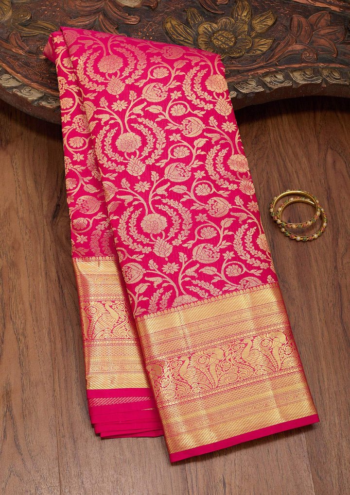 Rani Pink Silk Jaal Zariwork Saree With Matching Blouse Piece