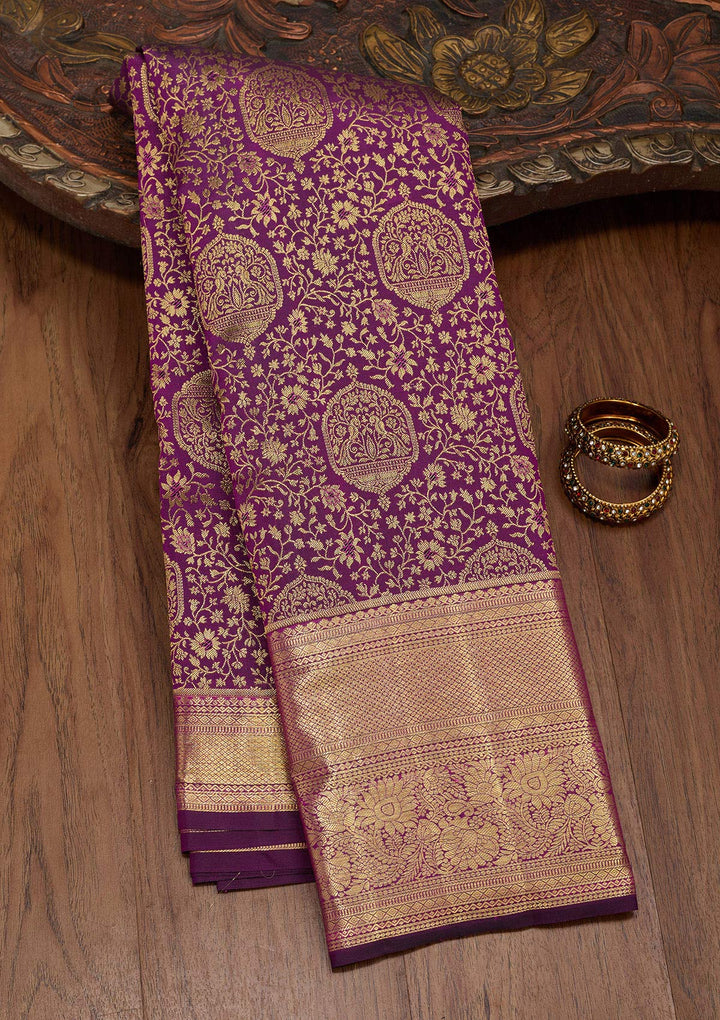 Purple Silk Jaal Saree With Matching Blouse Piece