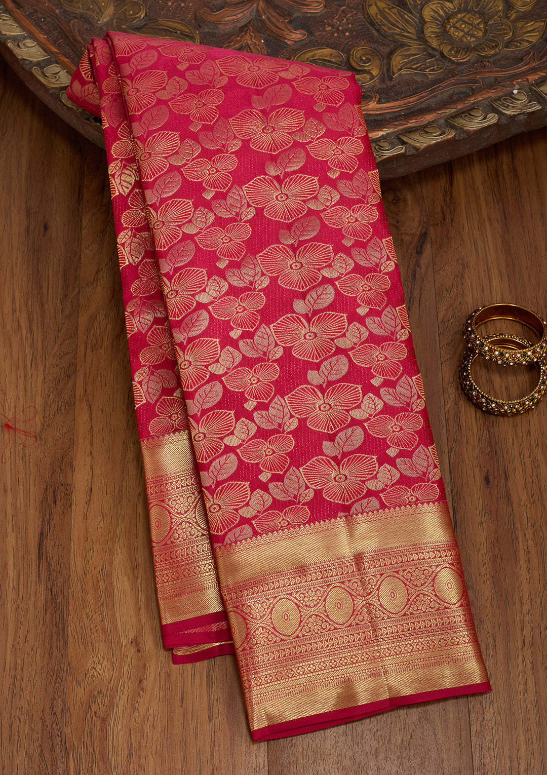 Rani Pink Silk Jaal Zariwork Saree With Matching Blouse Piece