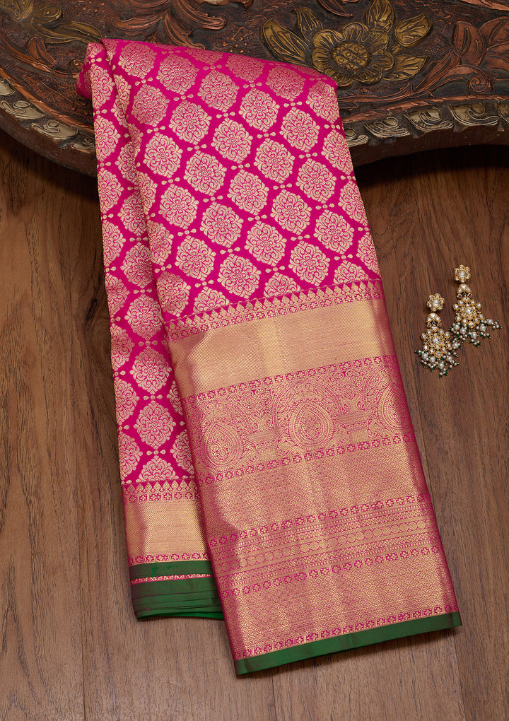 Magenta Pink Silk Jaal Zariwork Saree With Matching Blouse Piece