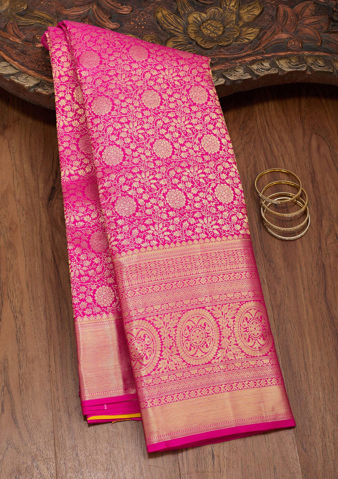 Magenta Pink Silk Jaal Zariwork Saree With Matching Blouse Piece