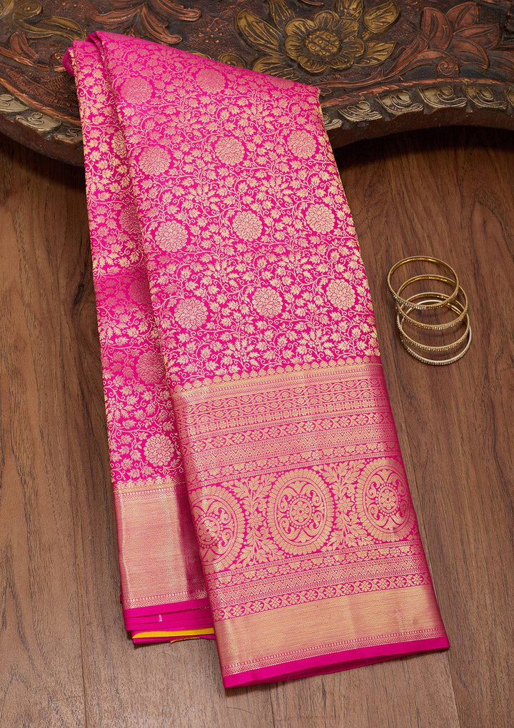 Magenta Pink Silk Jaal Zariwork Saree With Matching Blouse Piece