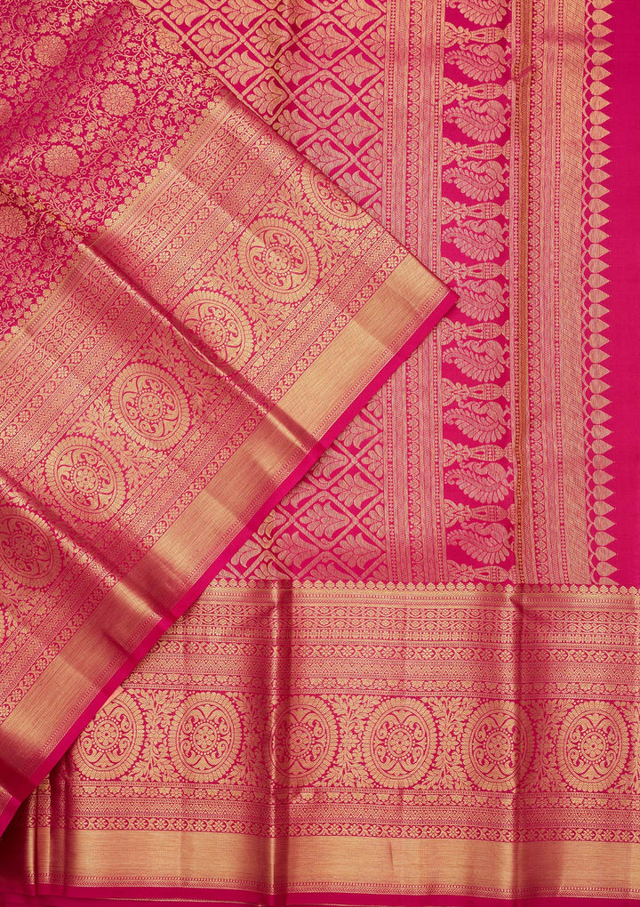 Magenta Pink Silk Jaal Zariwork Saree With Matching Blouse Piece