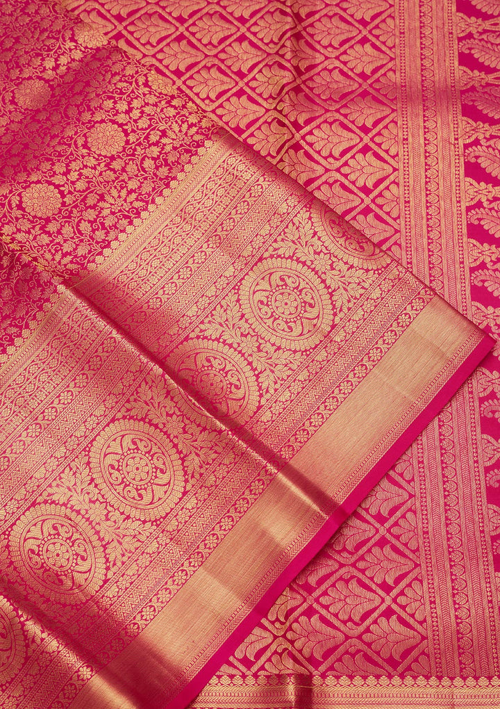 Magenta Pink Silk Jaal Zariwork Saree With Matching Blouse Piece