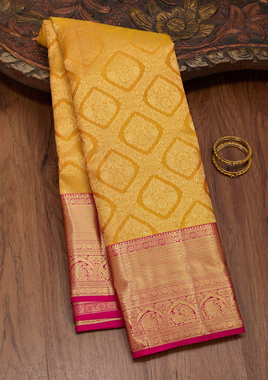 Mustard Yellow Silk Jaal Saree With Matching Blouse Piece