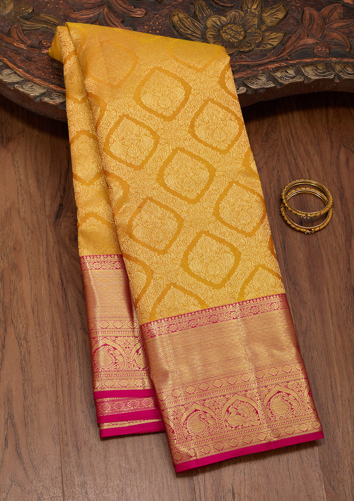 Mustard Yellow Silk Jaal Saree With Matching Blouse Piece