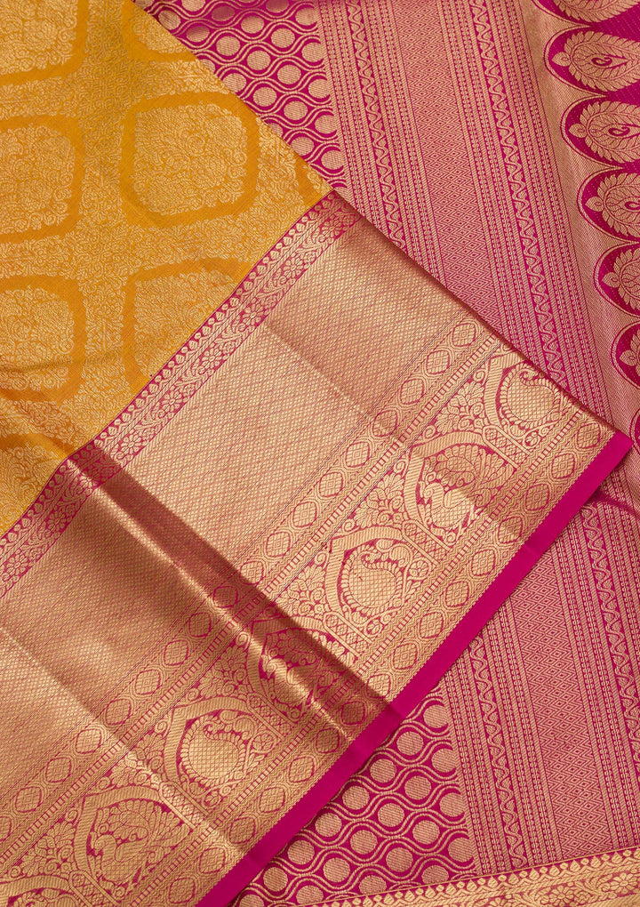 Mustard Yellow Silk Jaal Saree With Matching Blouse Piece
