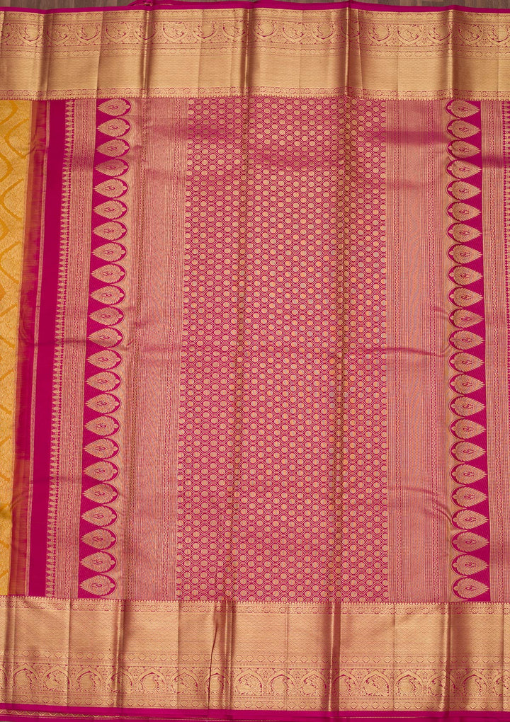 Mustard Yellow Silk Jaal Saree With Matching Blouse Piece