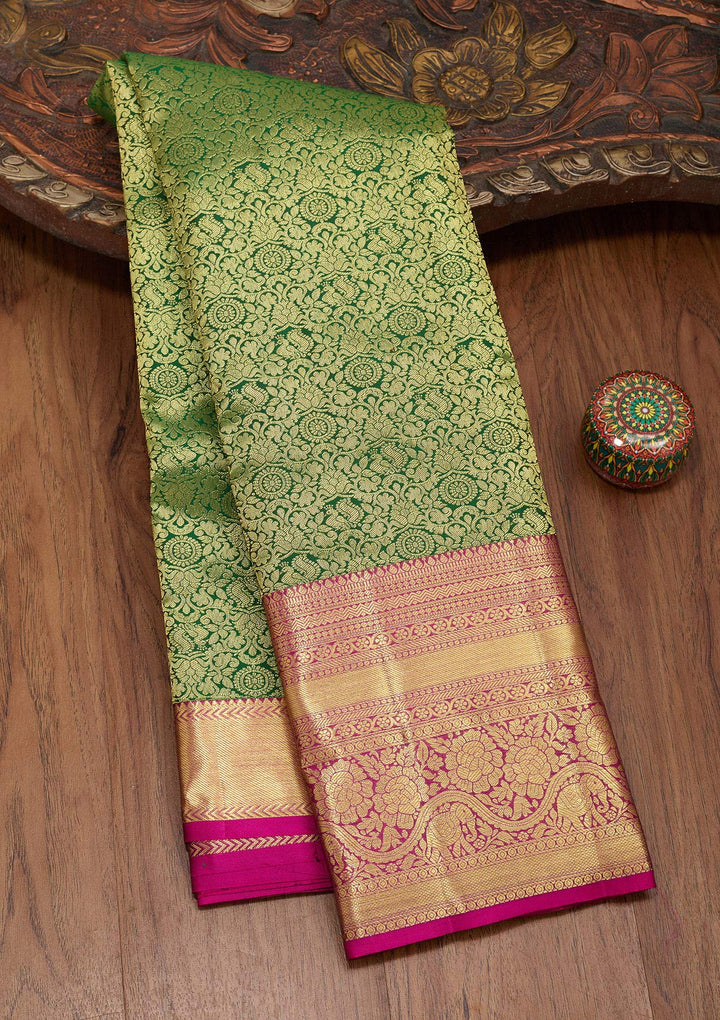 Bottle Green Silk Jaal Zariwork Saree With Matching Blouse Piece