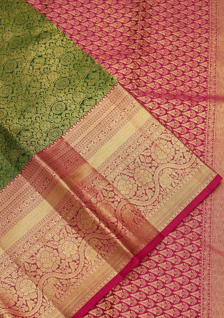 Bottle Green Silk Jaal Zariwork Saree With Matching Blouse Piece
