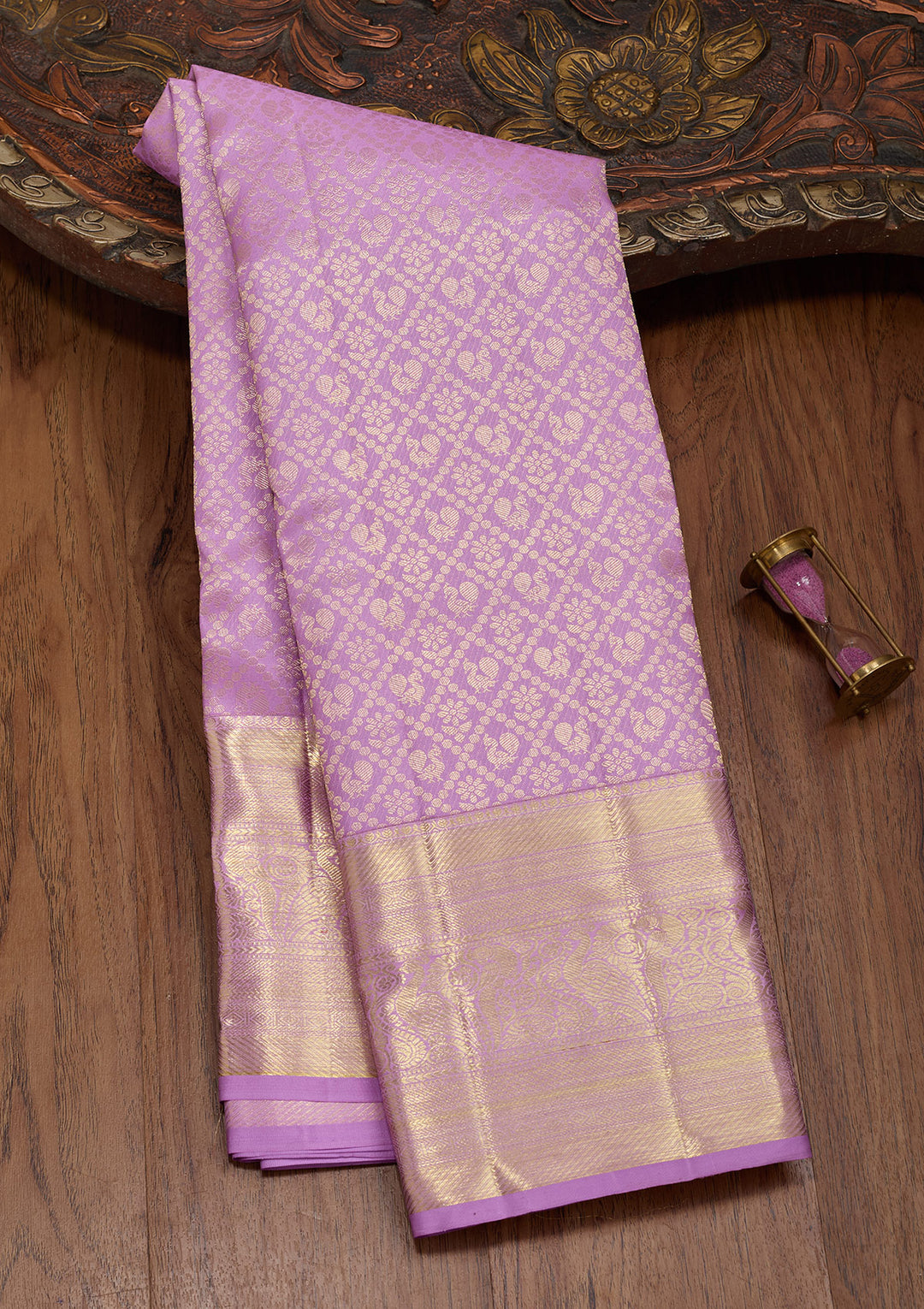 Lavender Silk Jaal Saree With Matching Blouse Piece