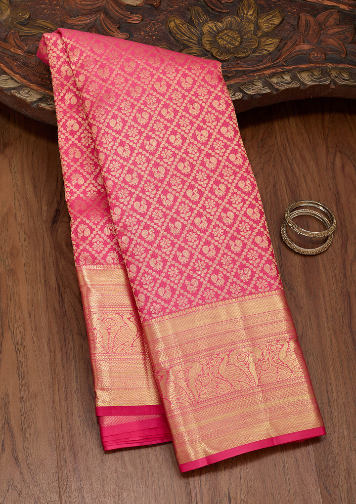 Rani Pink Silk Jaal Zariwork Saree With Matching Blouse Piece