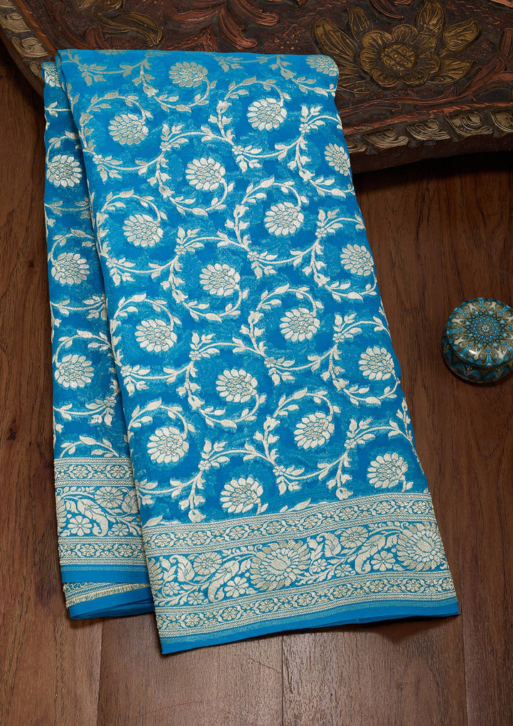 Blue Georgette Jaal Zariwork Saree With Matching Blouse Piece