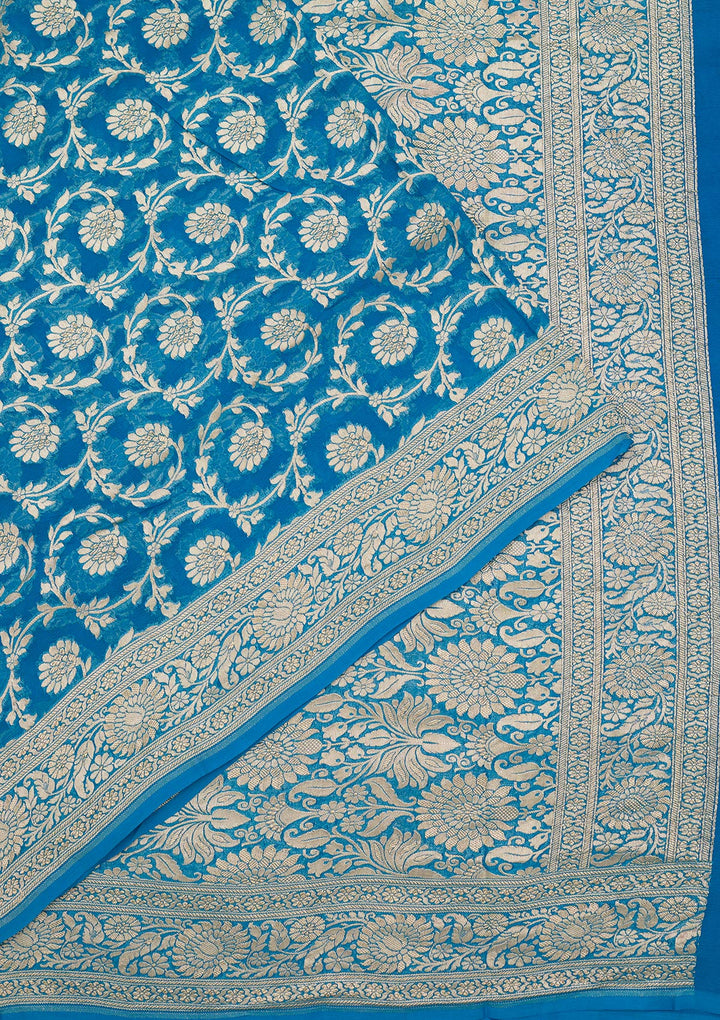 Blue Georgette Jaal Zariwork Saree With Matching Blouse Piece