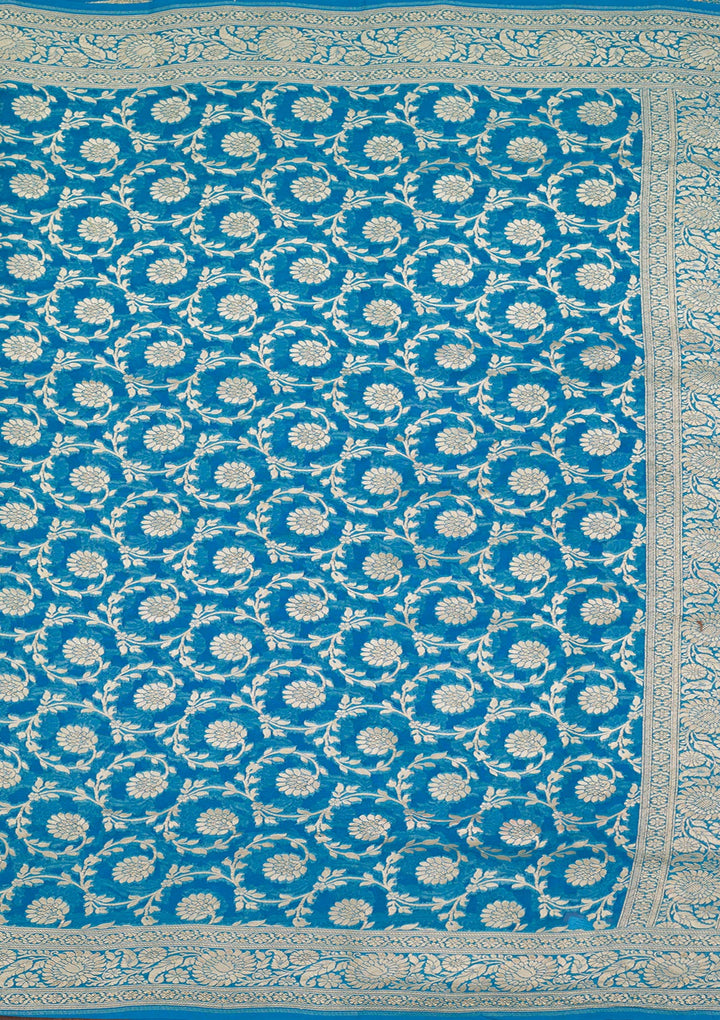 Blue Georgette Jaal Zariwork Saree With Matching Blouse Piece