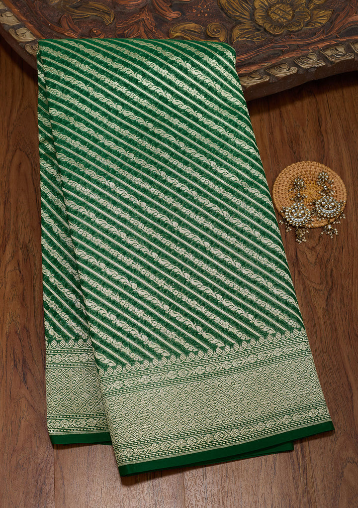 Bottle Green Georgette Stripes Zariwork Saree With Matching Blouse Piece