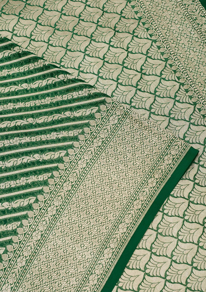 Bottle Green Georgette Stripes Zariwork Saree With Matching Blouse Piece