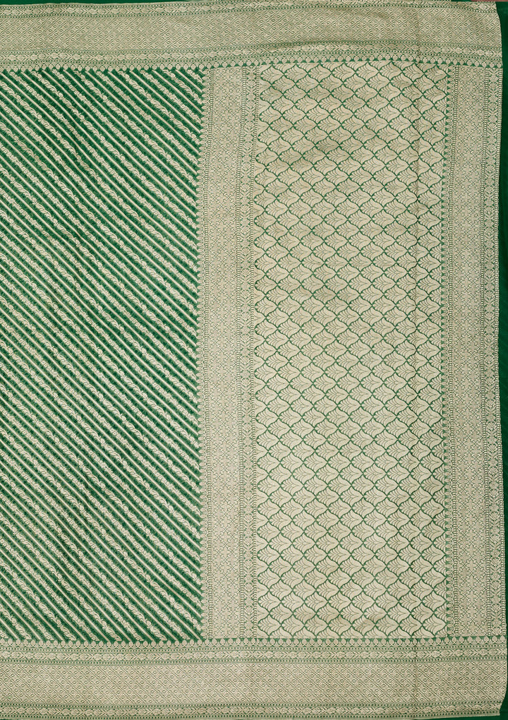 Bottle Green Georgette Stripes Zariwork Saree With Matching Blouse Piece