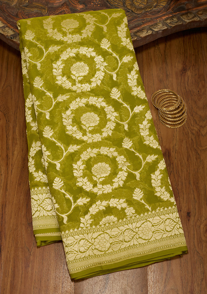 Mehendi Georgette Jaal Zariwork Saree With Matching Blouse Piece