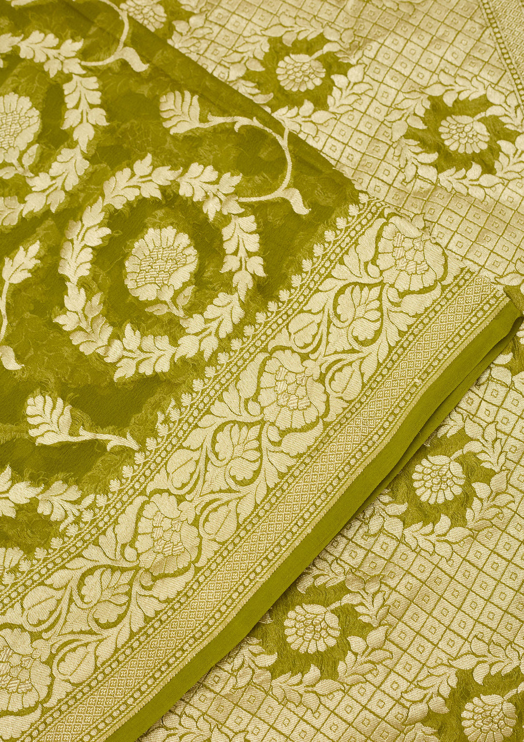 Mehendi Georgette Jaal Zariwork Saree With Matching Blouse Piece