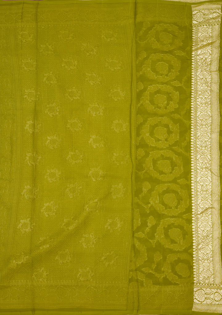 Mehendi Georgette Jaal Zariwork Saree With Matching Blouse Piece