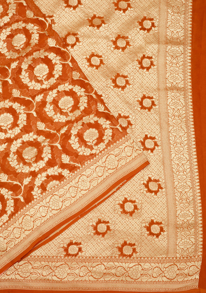 Rust Zariwork Georgette Silk Saree